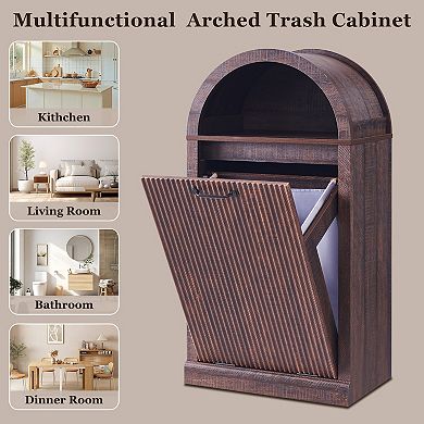 Modern Tilt-Out Trash Can Cabinet, 10 Gallon Hidden Garbage Can with Arched Fluted Door & Open Shelf