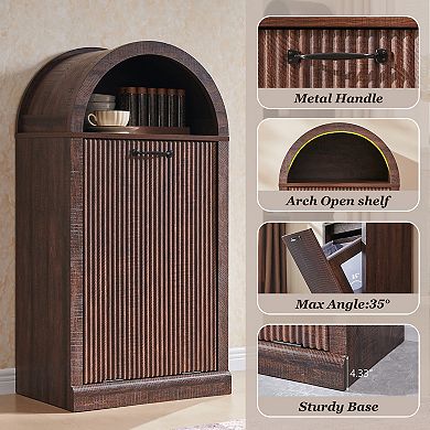Modern Tilt-Out Trash Can Cabinet, 10 Gallon Hidden Garbage Can with Arched Fluted Door & Open Shelf