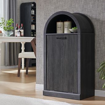 10 Gallon Tilt-Out Trash Can Cabinet, Modern Arched Garbage Can with Fluted Door & Open Shelf