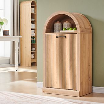 10 Gallon Tilt-Out Trash Can Cabinet, Modern Arched Garbage Can with Fluted Door & Open Shelf