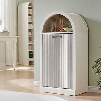 10 Gallon Tilt-Out Trash Can Cabinet, Modern Arched Garbage Can with Fluted Door & Open Shelf