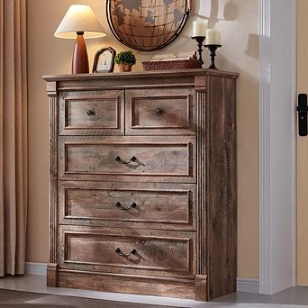 Farmhouse 5 Drawer Dresser with Roman Column,46"Rustic Wood Storage,Bedroom Organizer Cabinet