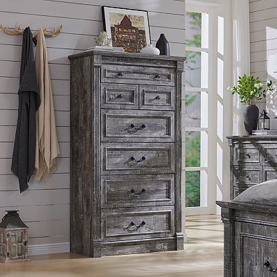 Farmhouse 7 Drawer Dresser with Roman Column,57" Tall Rustic Wood  Storage,Bedroom Organizer Cabinet