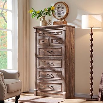Farmhouse 7 Drawer Dresser with Roman Column,57" Tall Rustic Wood Storage,Bedroom Organizer Cabinet