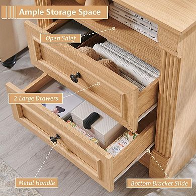 26" Farmhouse Nightstand with Charging Station, 2 Drawer & Open Shelf, Bedside Table for Bedroom