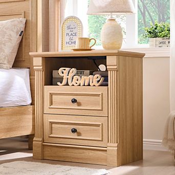 26" Farmhouse Nightstand with Charging Station, 2 Drawer & Open Shelf, Bedside Table for Bedroom