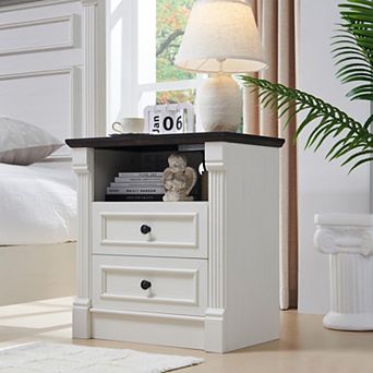 26" Farmhouse Nightstand with Charging Station, 2 Drawer & Open Shelf, Bedside Table for Bedroom