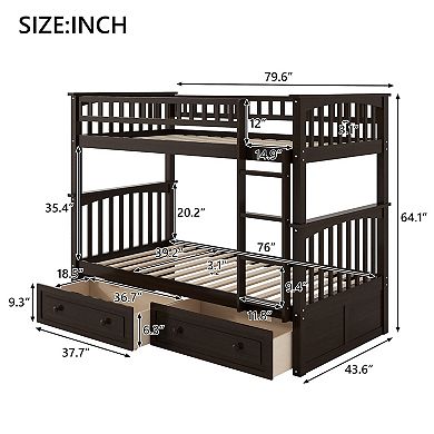 Whisen Twin over Twin Bunk Bed with Drawers, Convertible Beds