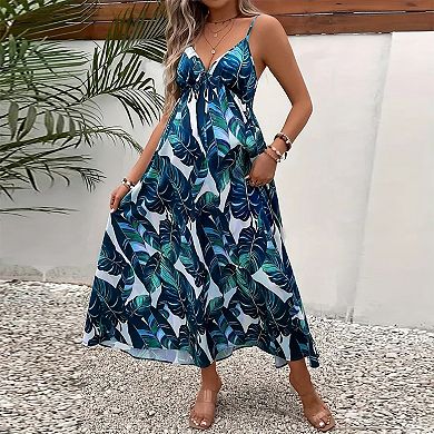 Plus Size Women's Leaf Floral Maxi Dress Summer Spaghetti Strap Sundresses Deep V Neck Tie-Front