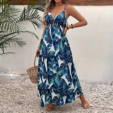 Plus Size Women's Leaf Floral Maxi Dress Summer Spaghetti Strap Sundresses Deep V Neck Tie-Front