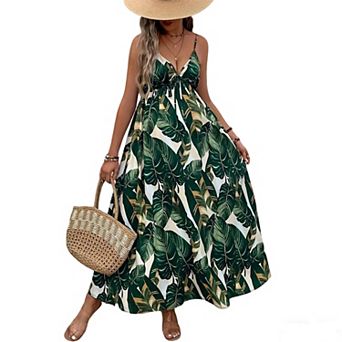 Plus Size Women's Leaf Floral Maxi Dress Summer Spaghetti Strap Sundresses Deep V Neck Tie-Front