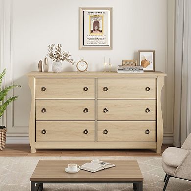 IDEALHOUSE Modern 6-Drawer Dresser with Black Ring Handles, Wide Storage Chest