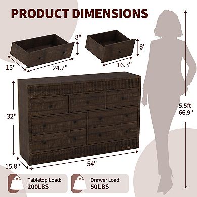 IDEALHOUSE 54” Wide 7-Drawer Dresser with Fluted Design, Modern Storage Chest