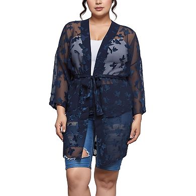 Plus Size Sheer Floral Embossed Robe Cardigan
