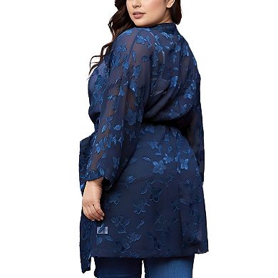 Plus Size Sheer Floral Embossed Robe Cardigan