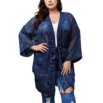 Plus Size Sheer Floral Embossed Robe Cardigan