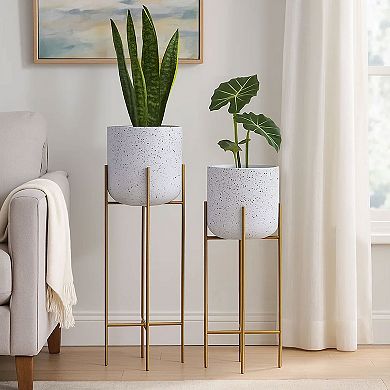 Aira Set of 2 Planters, Tall, Foldable Metal Stand, Speckled Pattern