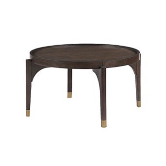 Azy Coffee Table, 36 Inch Round Top, Gold Capped Legs, Dark Brown