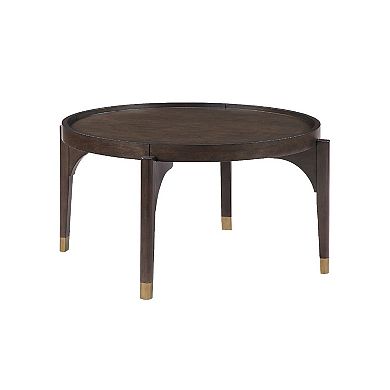 Azy Coffee Table, 36 Inch Round Top, Gold Capped Legs, Dark Brown