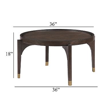 Azy Coffee Table, 36 Inch Round Top, Gold Capped Legs, Dark Brown