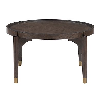 Azy Coffee Table, 36 Inch Round Top, Gold Capped Legs, Dark Brown