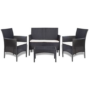 4 pc Outdoor Sofa and Table Set in Black Rattan, Glass Top, Cream Cushions