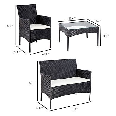 4pc Outdoor Sofa and Table Set in Black Rattan, Glass Top, Cream Cushions