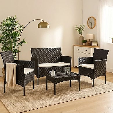 4pc Outdoor Sofa and Table Set in Black Rattan, Glass Top, Cream Cushions