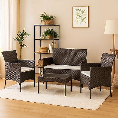4pc Outdoor Sofa and Table Set in Black Rattan, Glass Top, Cream Cushions