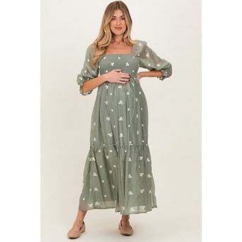 Maternity Floral Embroidered Smocked 3/4 Sleeve Midi Dress