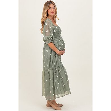 Maternity Floral Embroidered Smocked 3/4 Sleeve Midi Dress