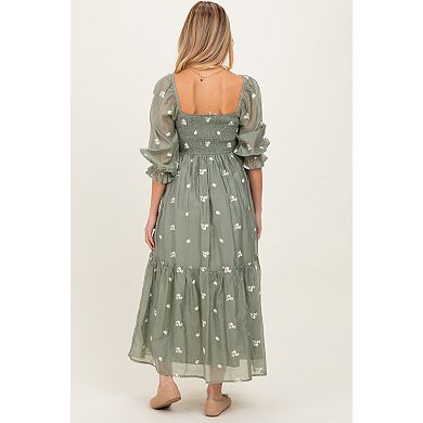 Maternity Floral Embroidered Smocked 3/4 Sleeve Midi Dress