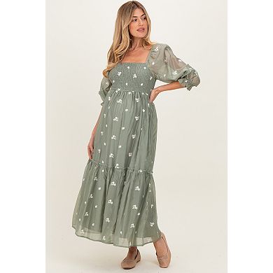 Maternity Floral Embroidered Smocked 3/4 Sleeve Midi Dress