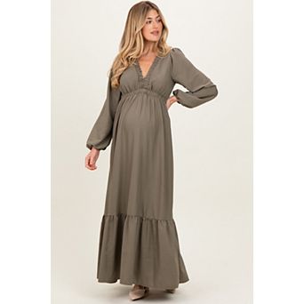 Maternity Green Long Sleeve V-Neck Tiered Maxi Dress
