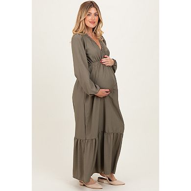 Maternity Green Long Sleeve V-Neck Tiered Maxi Dress