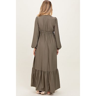 Maternity Green Long Sleeve V-Neck Tiered Maxi Dress