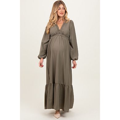 Maternity Green Long Sleeve V-Neck Tiered Maxi Dress