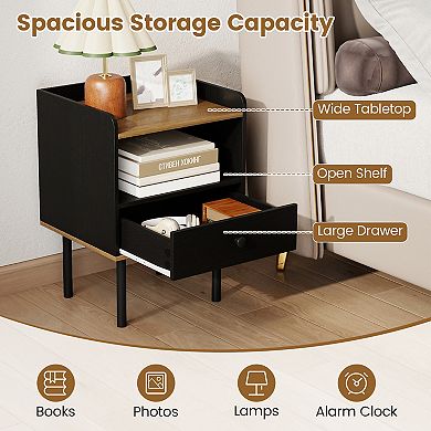 Set of 2 Nightstands with Drawer, 3-Tier Sofa Side Tables with Open Storage Shelf