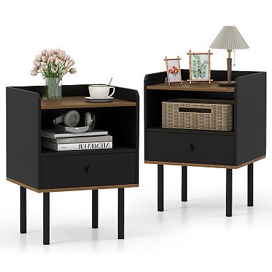 Set of 2 Nightstands with Drawer, 3-Tier Sofa Side Tables with Open Storage Shelf
