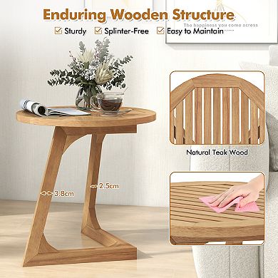 Teak Wood Side Table Round Sofa End Table with Slatted Tabletop