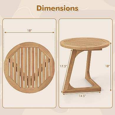 Teak Wood Side Table Round Sofa End Table with Slatted Tabletop