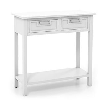 Narrow Console Table with Drawers and Open Storage Shelf