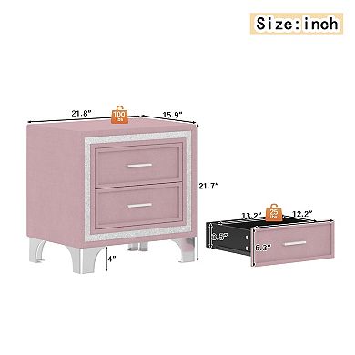 Mid Century Vintage Nightstand with 2 Drawers, Silver Glitter Strip & Metal Legs