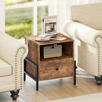 Nightstand with Charging Station and Drawer Sofa Side Table