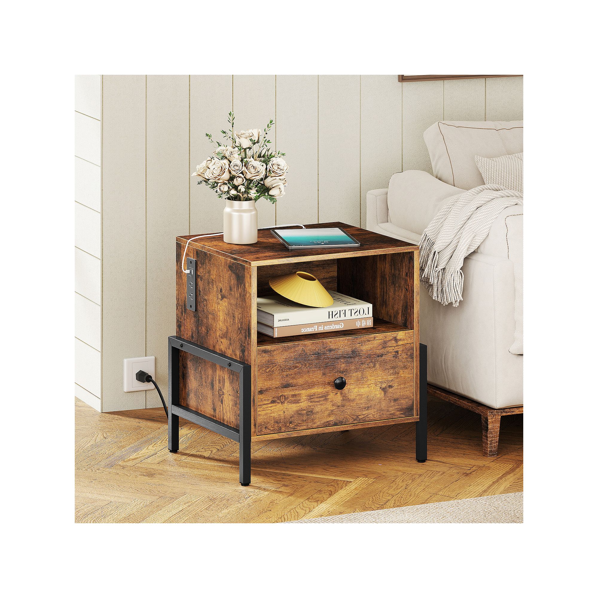 Rustic sofa side nightstand with drawer and charging panel