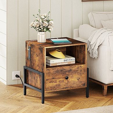 Nightstand with Charging Station and Drawer Sofa Side Table