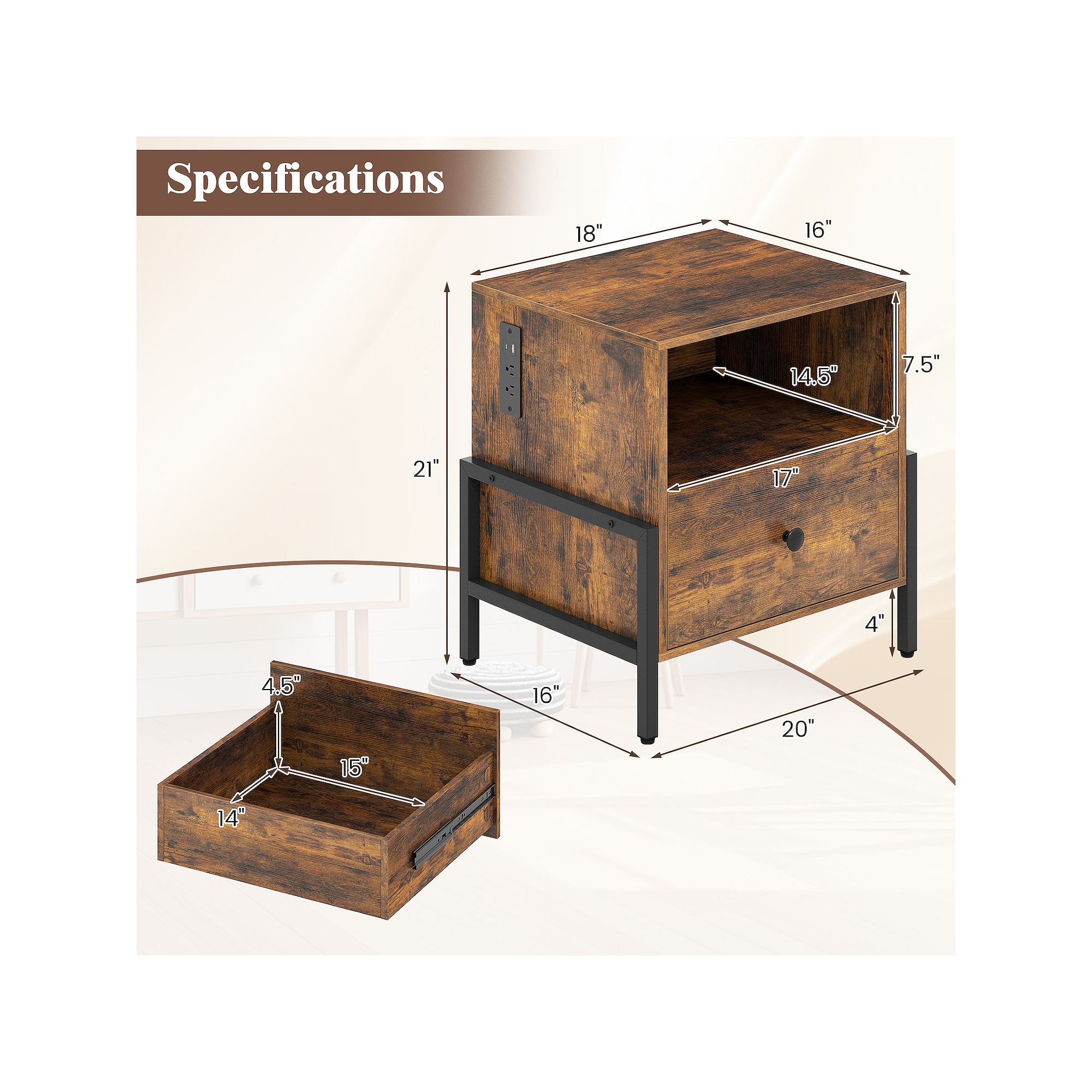 Nightstand dimensions diagram with charging station and drawer