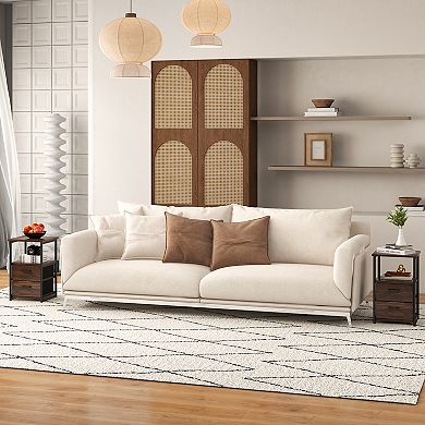 3-Tier Retro Nightstand with 2 Removable Fabric Drawers and Open Shelf