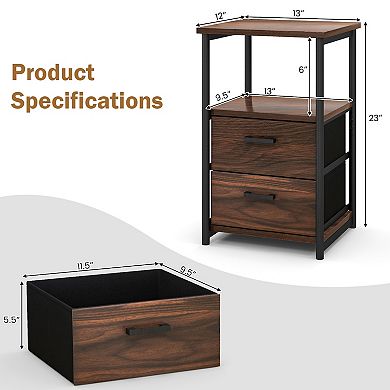 3-Tier Retro Nightstand with 2 Removable Fabric Drawers and Open Shelf