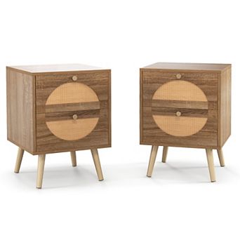 Set of 2 Rattan Nightstand with 2 Drawers and Solid Wood Legs-Natual